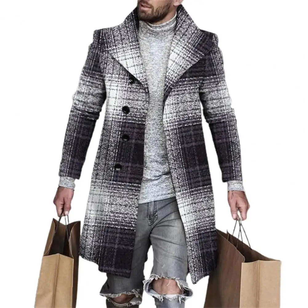 Lapel Long Sleeves Pockets Single-breasted Men Windbreaker Autumn Winter Mid-Length Plaid Patchwork Thickened Woolen Coat thumbnail 4