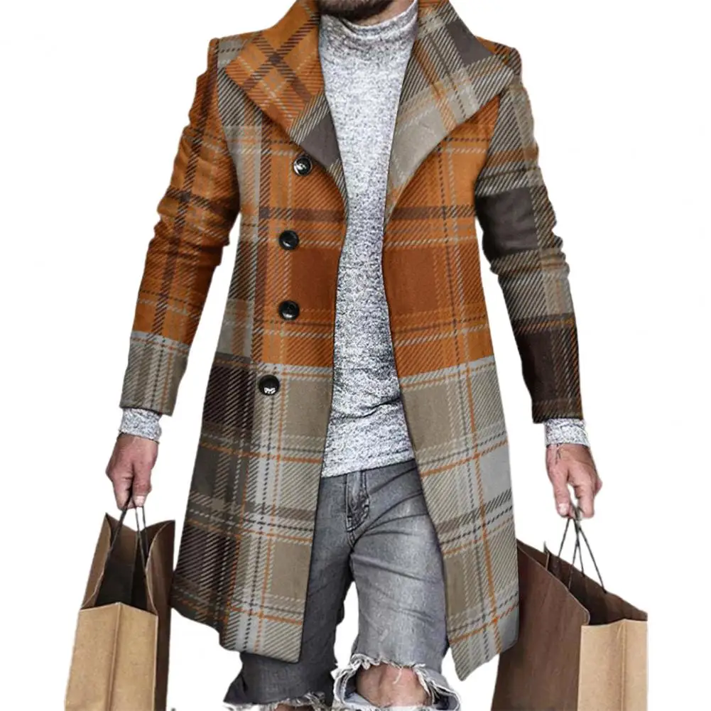 Lapel Long Sleeves Pockets Single-breasted Men Windbreaker Autumn Winter Mid-Length Plaid Patchwork Thickened Woolen Coat thumbnail 3
