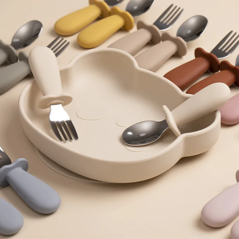 2pcs/Set Baby Tableware Children Utensil Stainless Steel Food Feeding Spoon Fork Set Infant Toddler Silicone Dinnerware Cutlery thumbnail 2