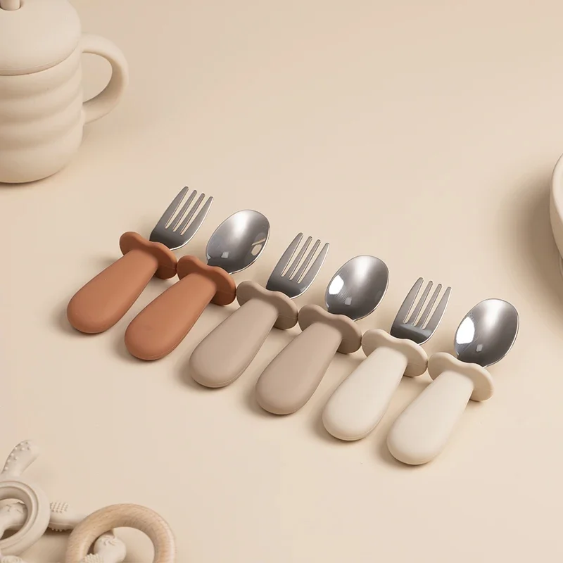 2pcs/Set Baby Tableware Children Utensil Stainless Steel Food Feeding Spoon Fork Set Infant Toddler Silicone Dinnerware Cutlery thumbnail 3