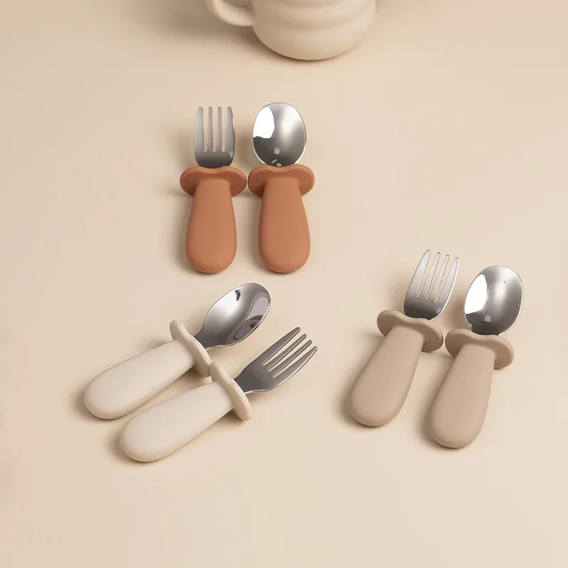 2pcs/Set Baby Tableware Children Utensil Stainless Steel Food Feeding Spoon Fork Set Infant Toddler Silicone Dinnerware Cutlery thumbnail 5