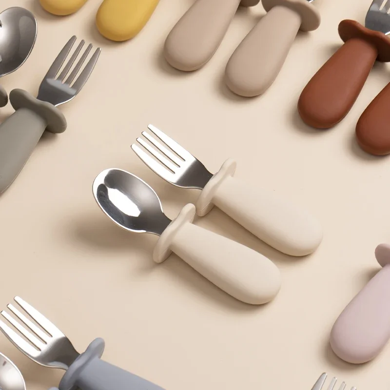 2pcs/Set Baby Tableware Children Utensil Stainless Steel Food Feeding Spoon Fork Set Infant Toddler Silicone Dinnerware Cutlery thumbnail 6