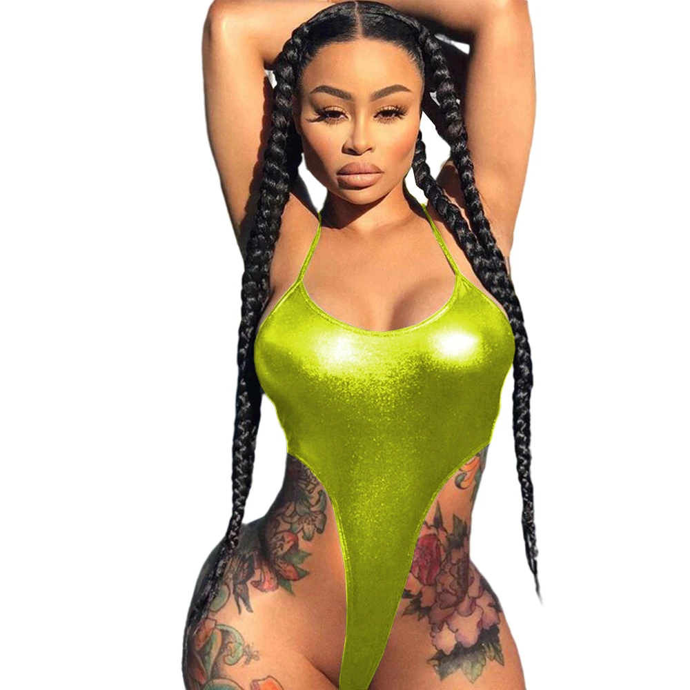Women Shiny Metallic Catsuit Spaghetti Strap Scoop Neck Faux Leather Bodysuit High Cut Sexy Thong Teddie Leotard Erotic Lingerie thumbnail 3