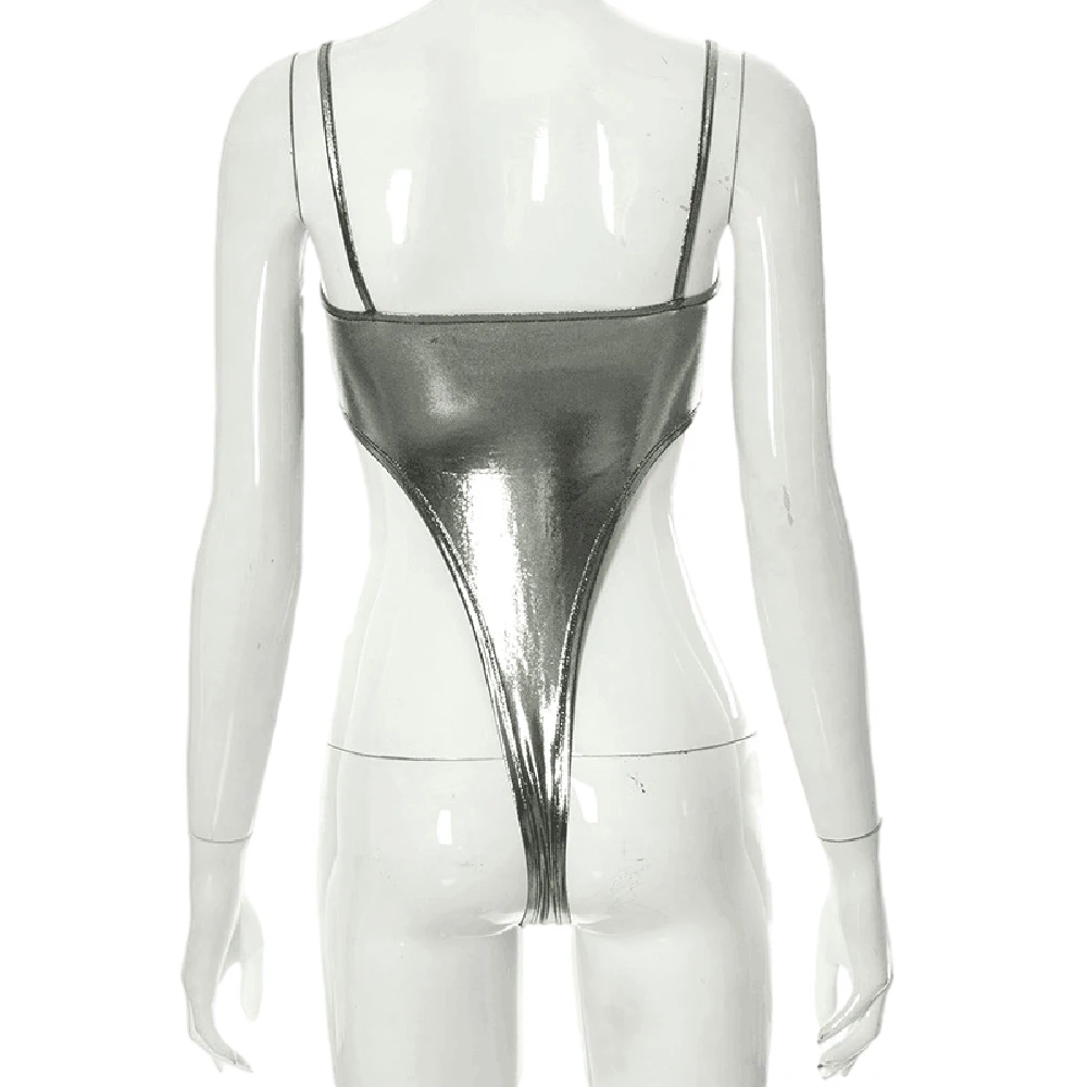 Women Shiny Metallic Catsuit Spaghetti Strap Scoop Neck Faux Leather Bodysuit High Cut Sexy Thong Teddie Leotard Erotic Lingerie thumbnail 5