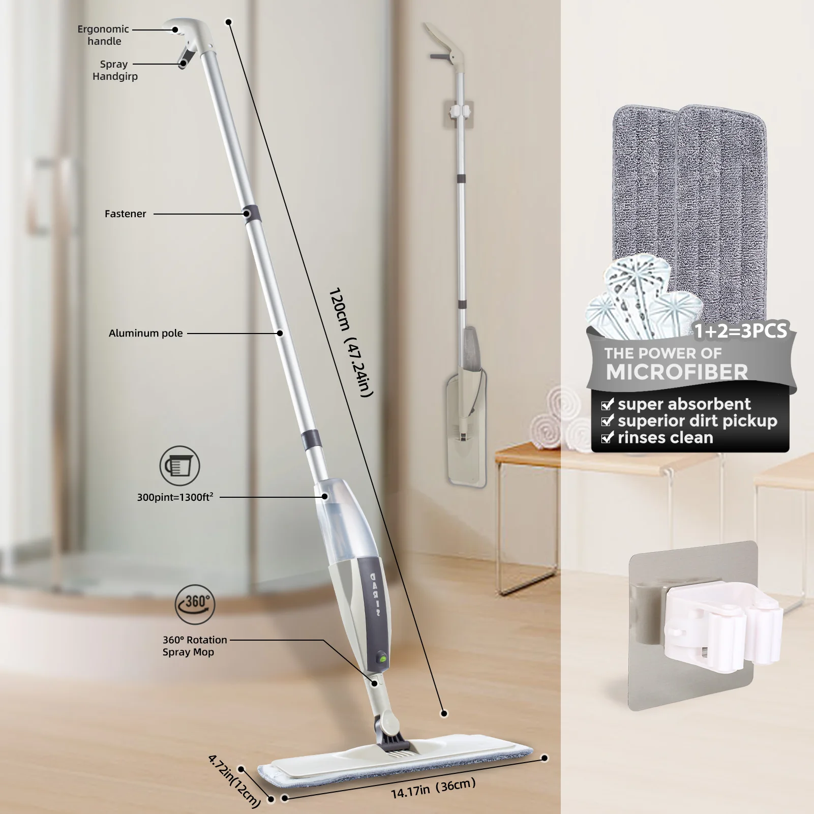 Spray Floor Mop with Reusable Microfiber Pads 360 Degree Handle Mop for Home Kitchen Laminate Wood Ceramic Tiles Floor Cleaning thumbnail 6