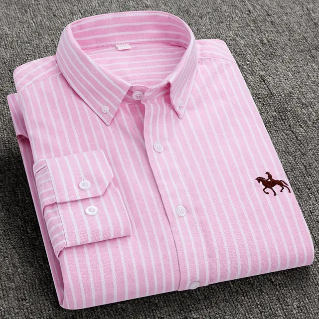 Casual Pure Cotton Oxford Mens Shirts Long Sleeve Embroidery Horse Design Regular Fit Fashion Button Man White Dress Shirt thumbnail 2