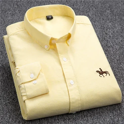 Casual Pure Cotton Oxford Mens Shirts Long Sleeve Embroidery Horse Design Regular Fit Fashion Button Man White Dress Shirt thumbnail 5