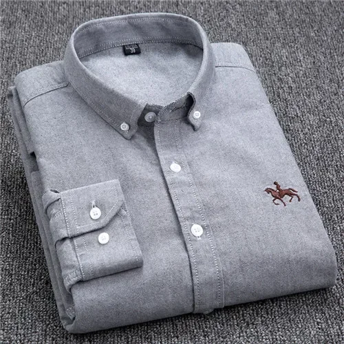Casual Pure Cotton Oxford Mens Shirts Long Sleeve Embroidery Horse Design Regular Fit Fashion Button Man White Dress Shirt thumbnail 6