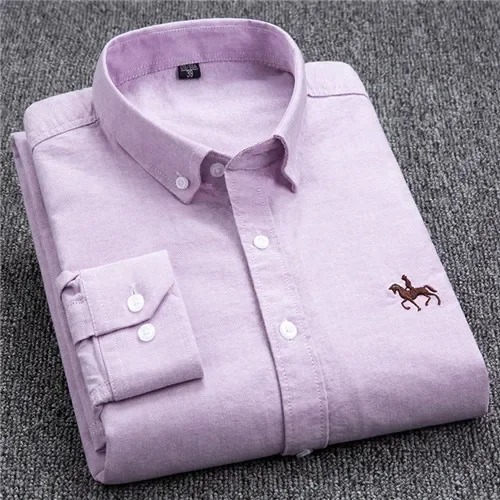 Casual Pure Cotton Oxford Mens Shirts Long Sleeve Embroidery Horse Design Regular Fit Fashion Button Man White Dress Shirt thumbnail 4