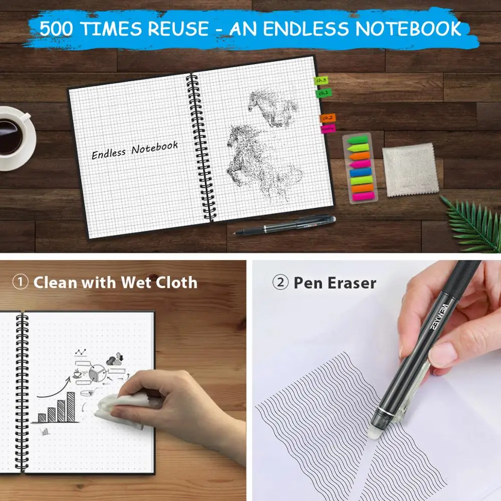 A4 smart reusable erasable notebook Spiral Notebook Paper Notepad Pocketbook Diary Journal Office School Drawing Gift thumbnail 3