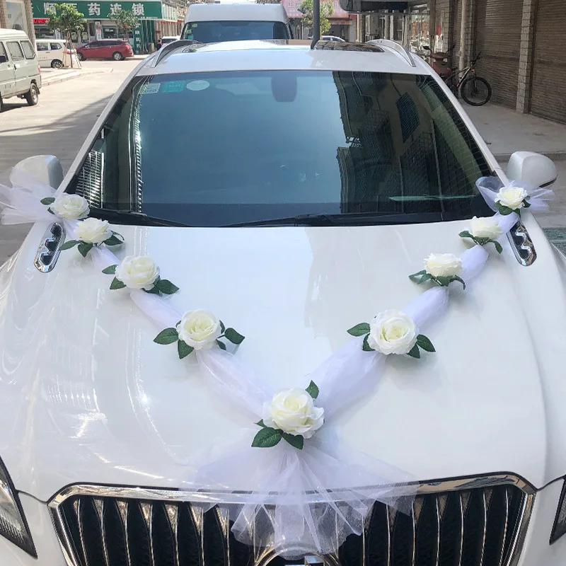White Rose Artificial Flower for Wedding Car Decoration Bridal Car Decorations Door Handle Ribbons Silk Flower thumbnail 2