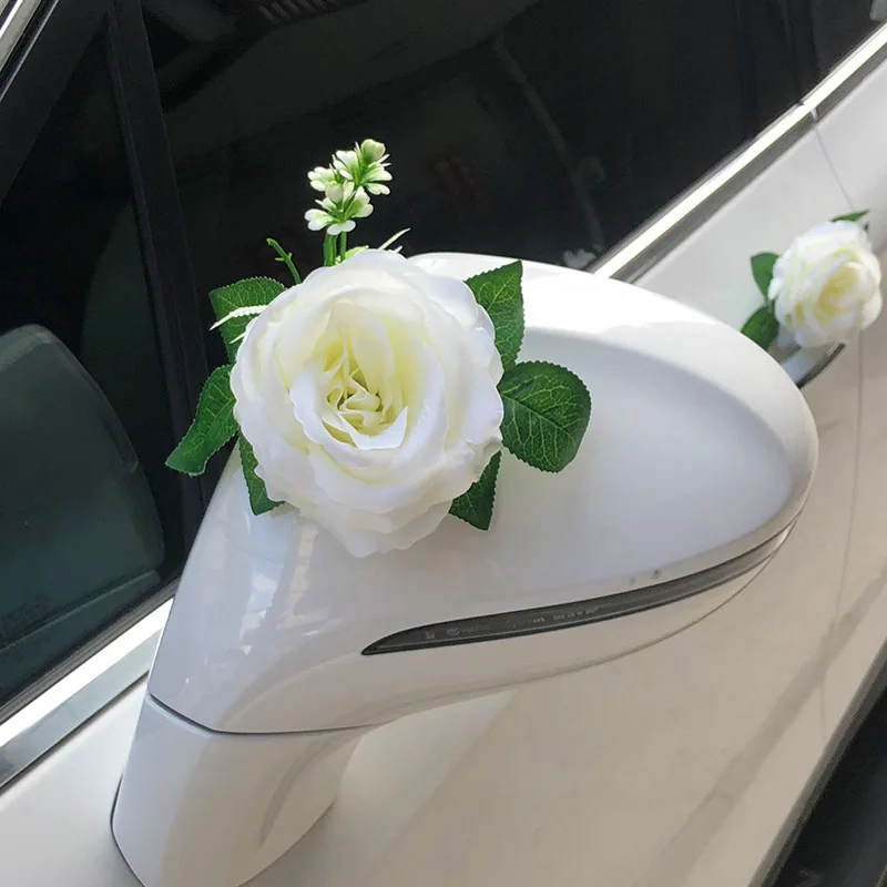 White Rose Artificial Flower for Wedding Car Decoration Bridal Car Decorations Door Handle Ribbons Silk Flower thumbnail 3