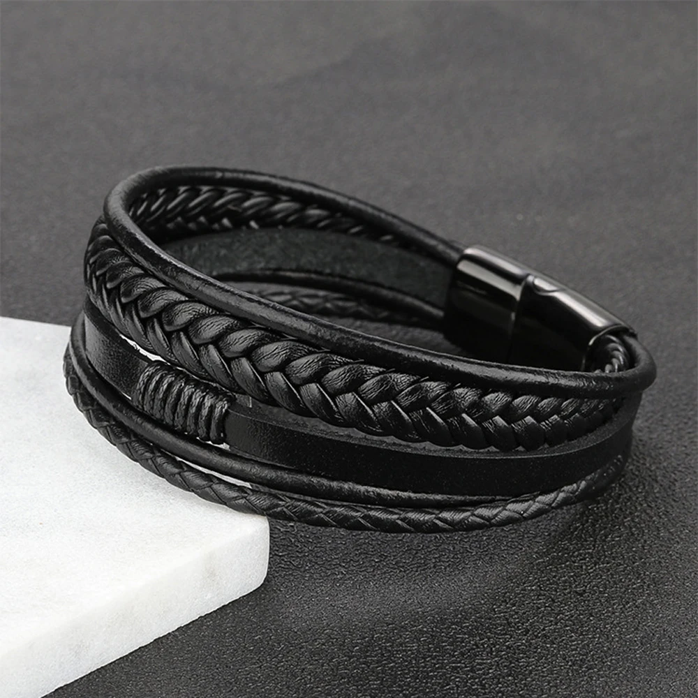 Men Genuine Leather Bracelets Multilayer Braided Rope Bracelets for Man Jewelry Bracelet Homme thumbnail 2