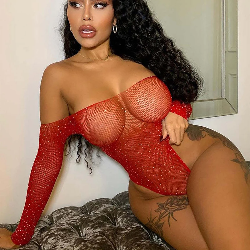 Women Sexy Lingerie Shiny Rhinestones Slash Neck Sexy Bodysuit Transparent Mesh Long Sleeve Backless Slim Transparent Body Suits thumbnail 5