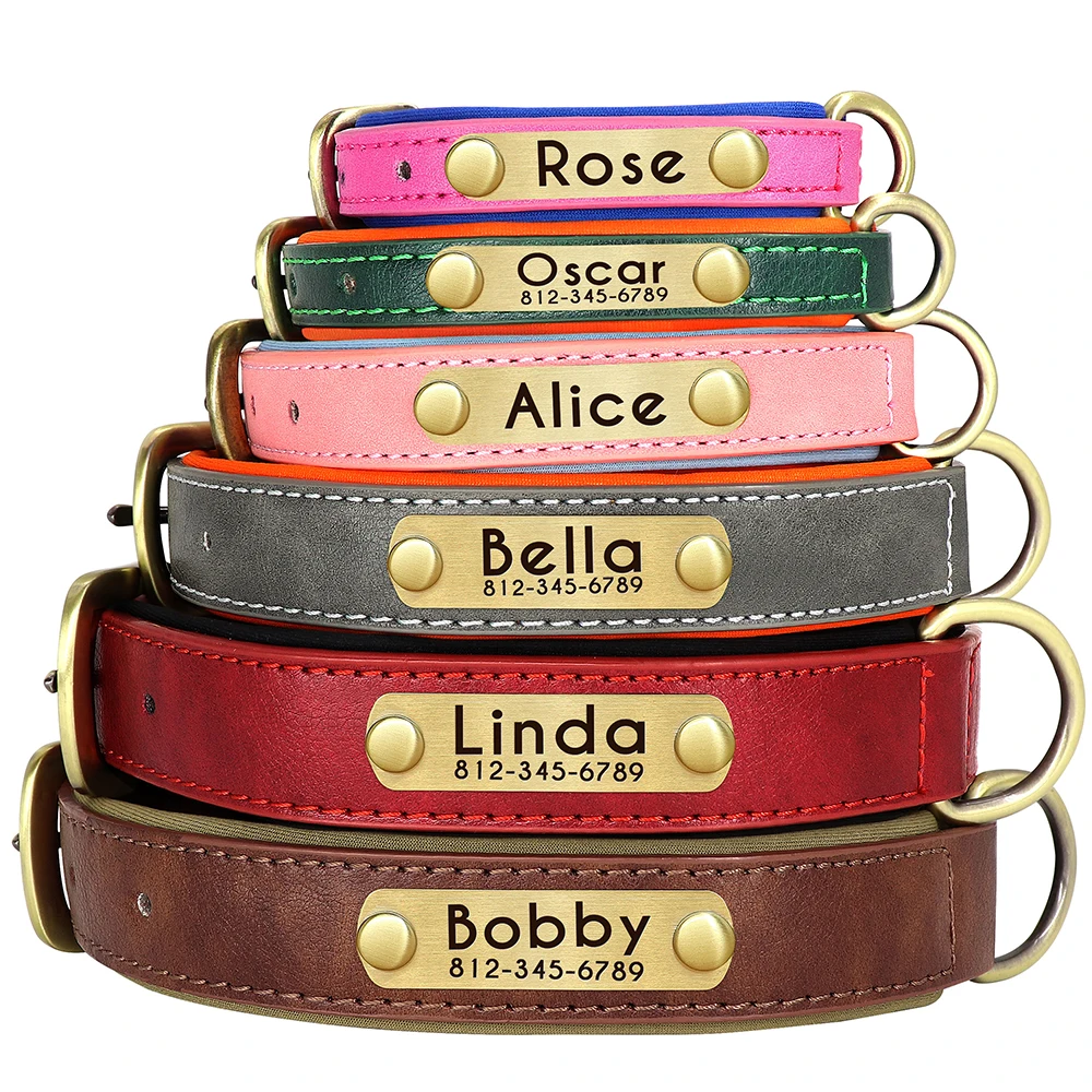 Customized PU Leather Nameplate Dog Collar Soft Padded Dogs Collars Free Engraving Name for Small Medium Large Dogs Adjustable thumbnail 3