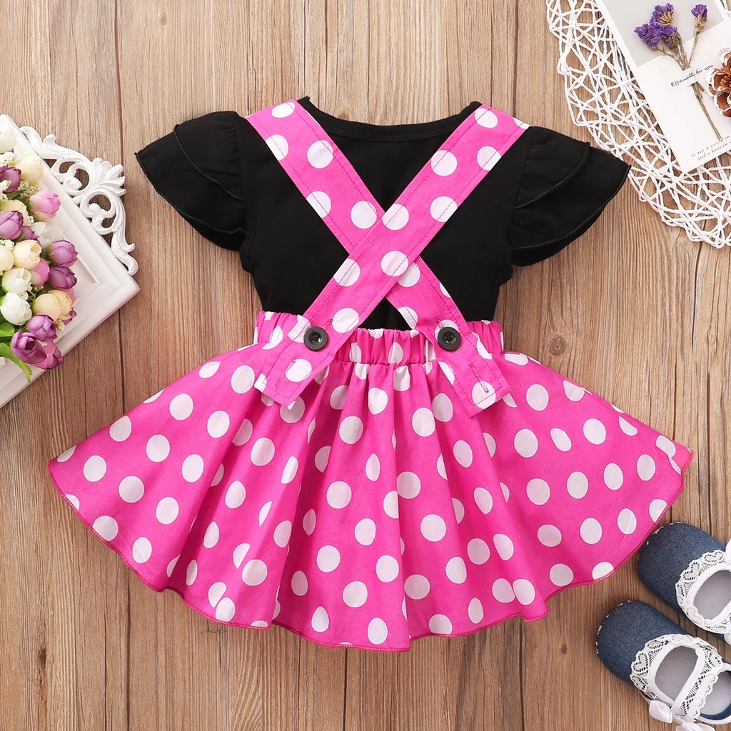 1-3Y Toddler Baby Girls Cute Dress Set Kid Costumes Short Sleeve Black T-shirt + Polka Dot Suspender Skirt Holiday Party Outfit thumbnail 3