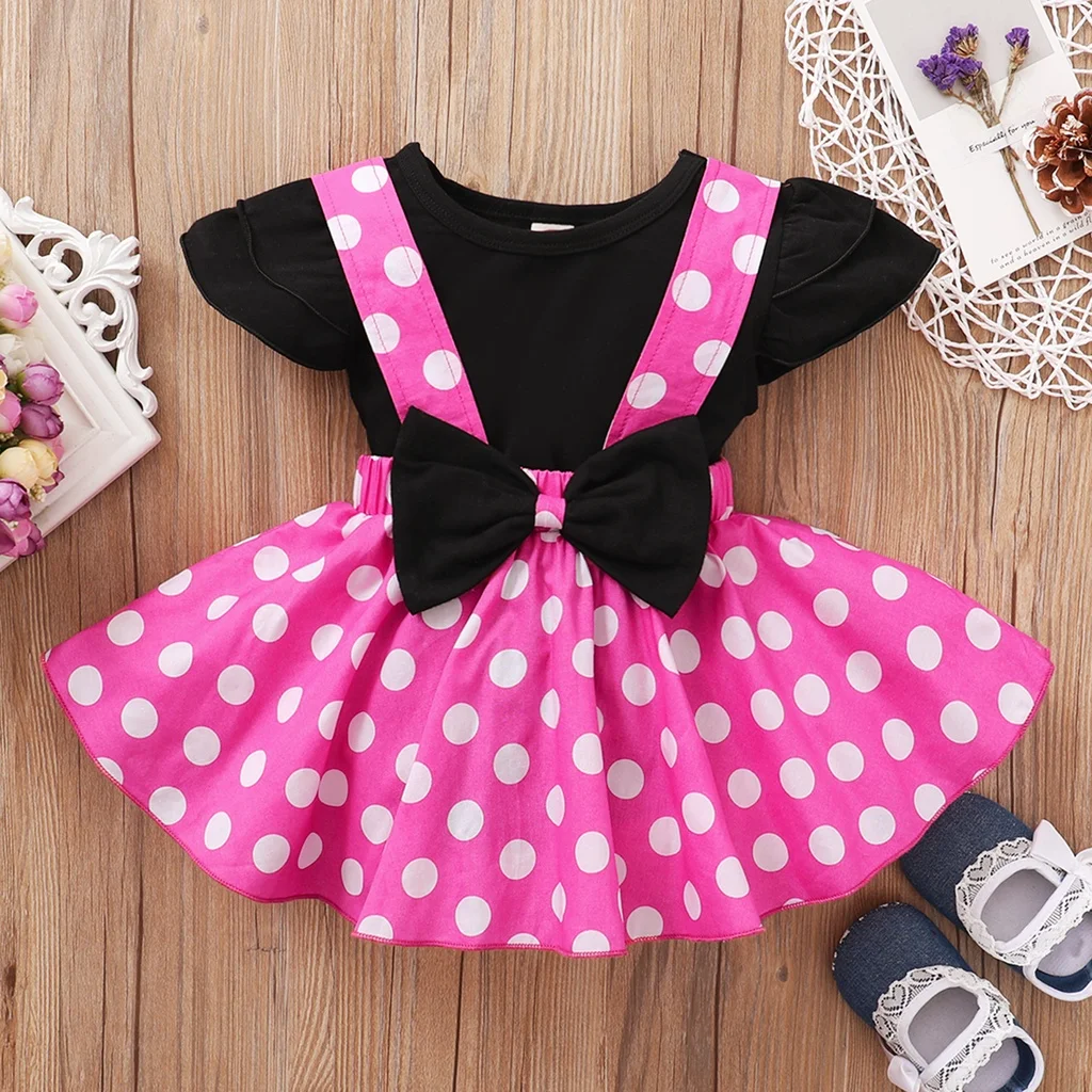 1-3Y Toddler Baby Girls Cute Dress Set Kid Costumes Short Sleeve Black T-shirt + Polka Dot Suspender Skirt Holiday Party Outfit thumbnail 2