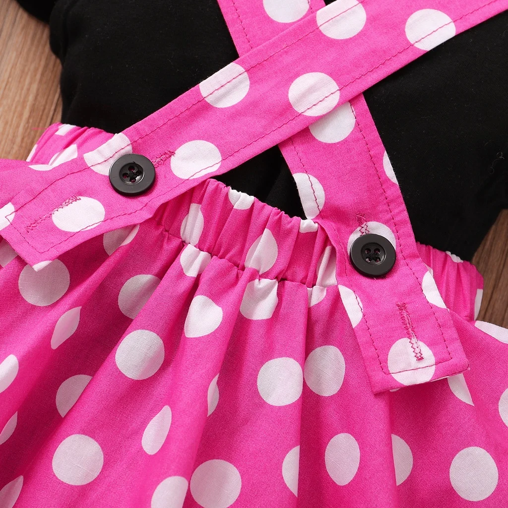 1-3Y Toddler Baby Girls Cute Dress Set Kid Costumes Short Sleeve Black T-shirt + Polka Dot Suspender Skirt Holiday Party Outfit thumbnail 5