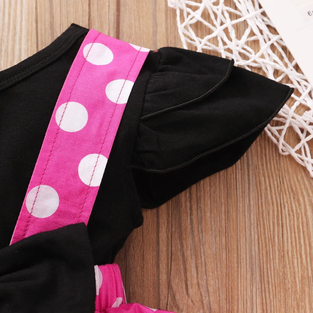 1-3Y Toddler Baby Girls Cute Dress Set Kid Costumes Short Sleeve Black T-shirt + Polka Dot Suspender Skirt Holiday Party Outfit thumbnail 4
