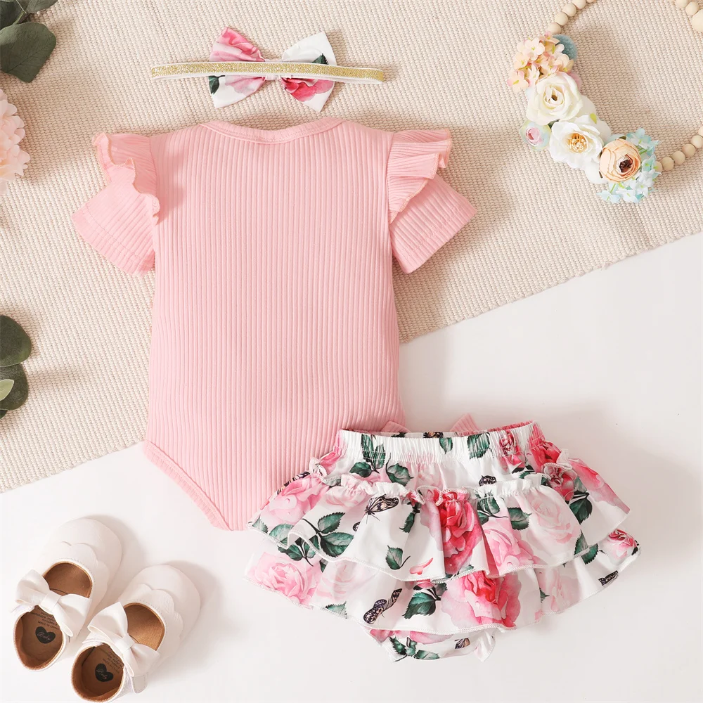 0-18Months Toddler Baby Girl 3Pcs Costumes Set Newborn Baby Girl Ruffle Short Sleeved Romper + Short Pants Skirt Infant Girl Set thumbnail 2