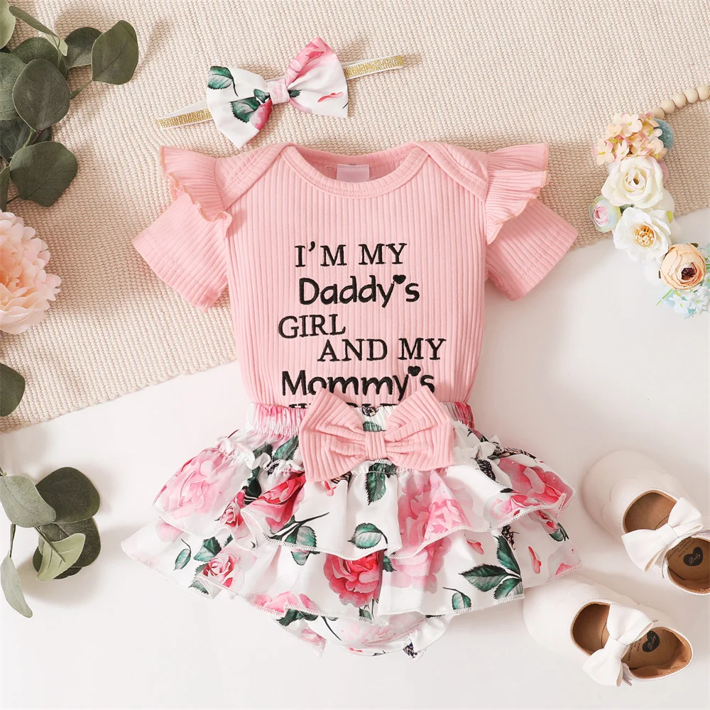 0-18Months Toddler Baby Girl 3Pcs Costumes Set Newborn Baby Girl Ruffle Short Sleeved Romper + Short Pants Skirt Infant Girl Set thumbnail 3