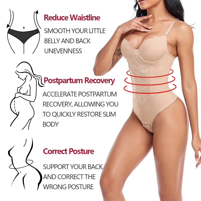 Thongs Bodysuit Shapewear Women Full Body Shaper Waist Trainer Steel Bones Tummy Control Underwear Flat Belly Underbust Corset thumbnail 4