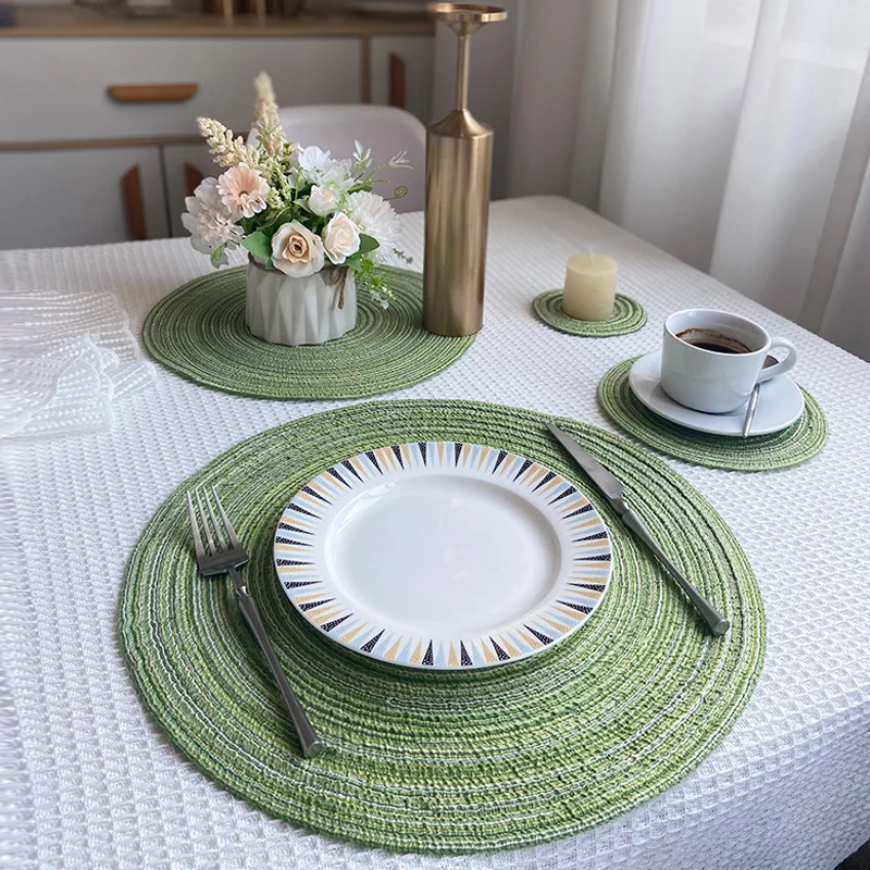 Nordic Style Cotton Yarn Dinner Placemat Round Ramie Woven Cup Mat Heat Insulation Plate Mat Anti-scald Non-Slip Coaster Cup Mat thumbnail 5