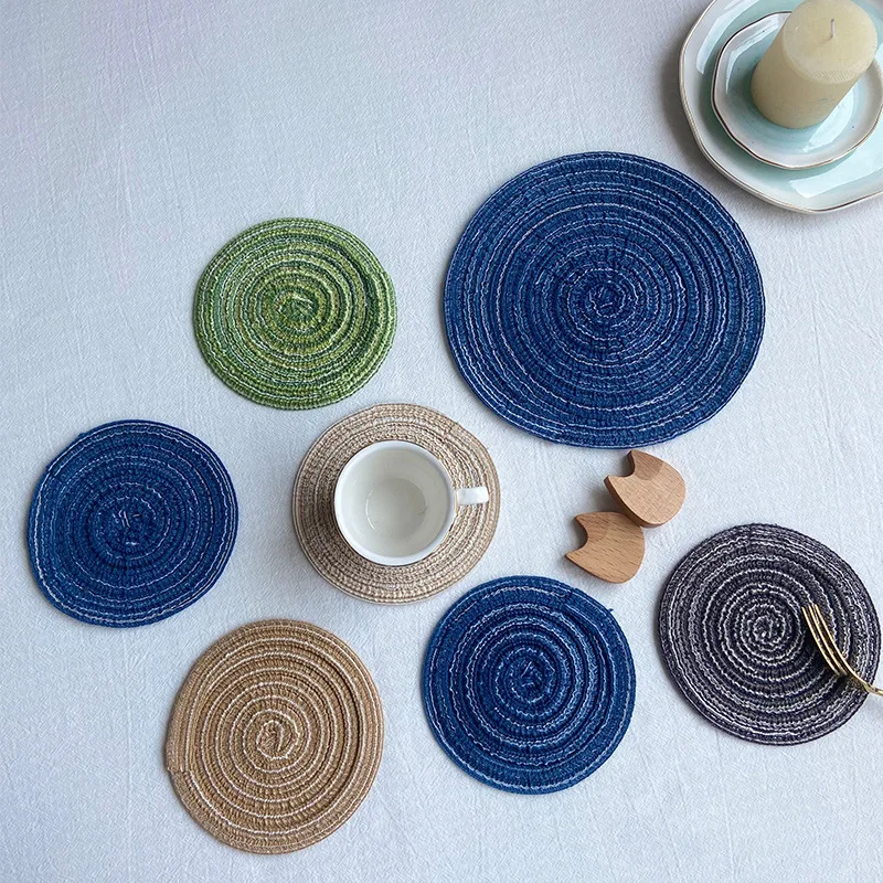 Nordic Style Cotton Yarn Dinner Placemat Round Ramie Woven Cup Mat Heat Insulation Plate Mat Anti-scald Non-Slip Coaster Cup Mat thumbnail 2