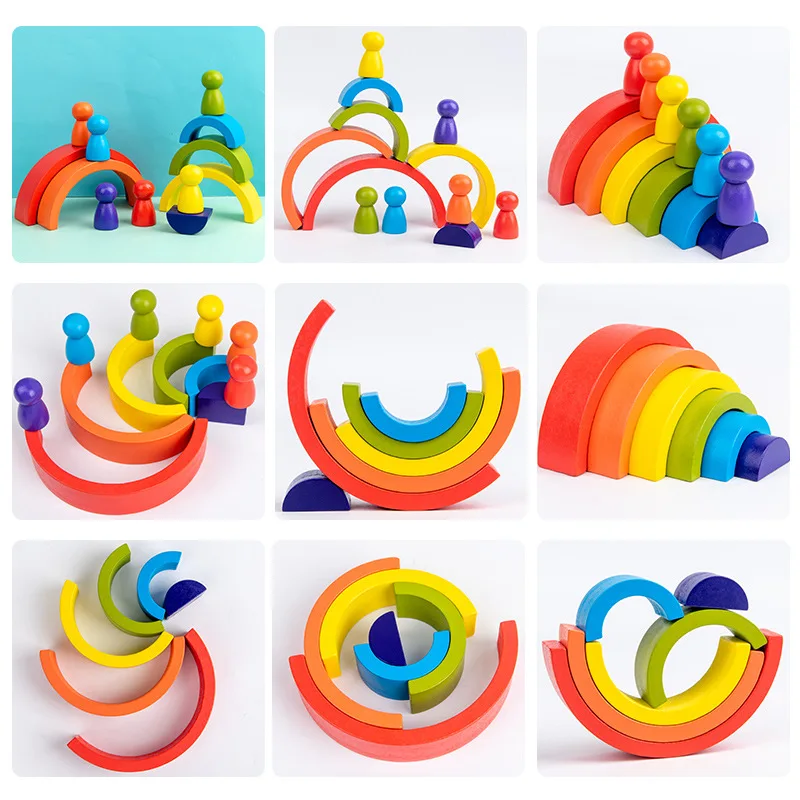 3 In 1 Small Wooden Rainbow Stacker Nesting Puzzle Blocks Stacking Game Preschool Educational Toys For Toddlers Kids thumbnail 6