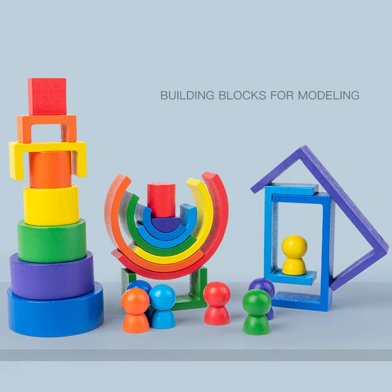 3 In 1 Small Wooden Rainbow Stacker Nesting Puzzle Blocks Stacking Game Preschool Educational Toys For Toddlers Kids thumbnail 4