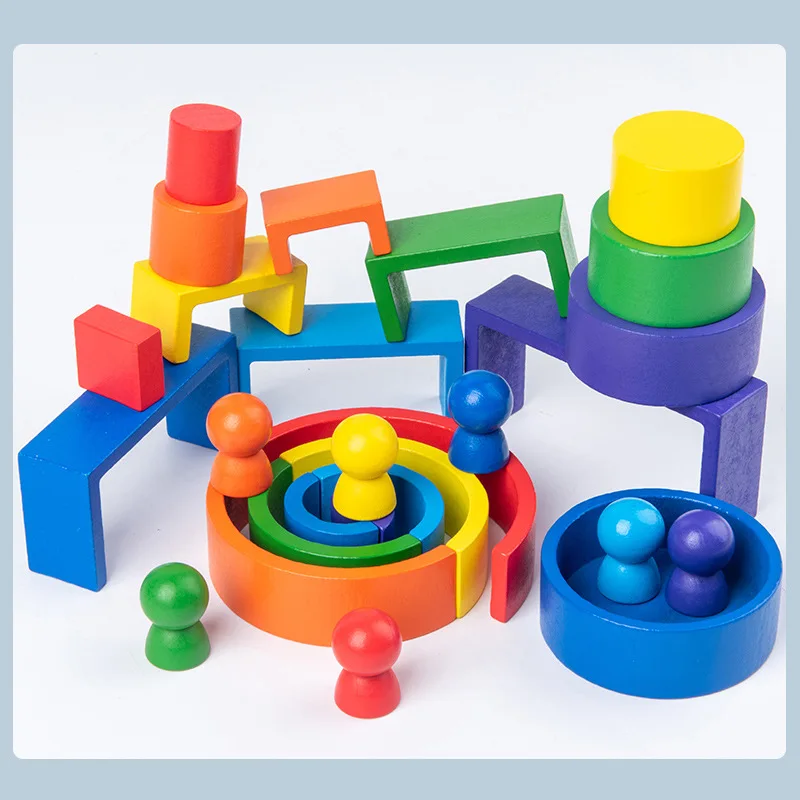3 In 1 Small Wooden Rainbow Stacker Nesting Puzzle Blocks Stacking Game Preschool Educational Toys For Toddlers Kids thumbnail 3