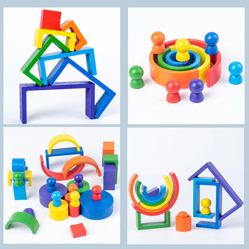 3 In 1 Small Wooden Rainbow Stacker Nesting Puzzle Blocks Stacking Game Preschool Educational Toys For Toddlers Kids thumbnail 5