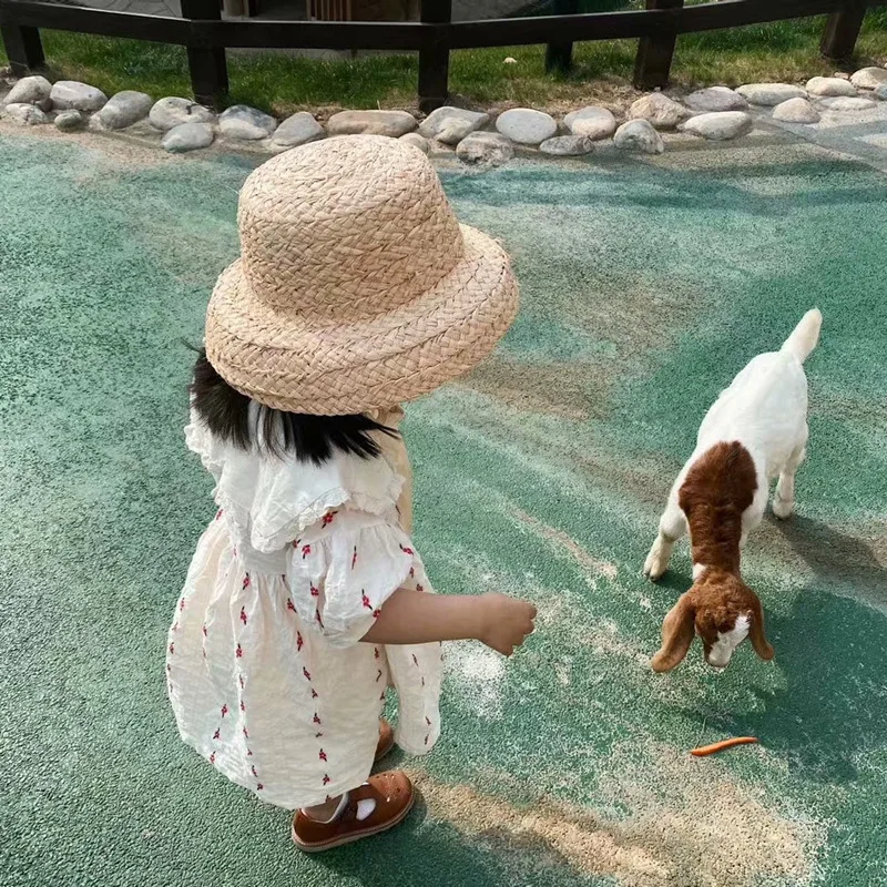 2023 Children Hand-knitted Raffia Retro Flat Top Sun Hats Girls and Boys Summer Travel Sunscreen Vacation Straw Hat with Lacing thumbnail 2