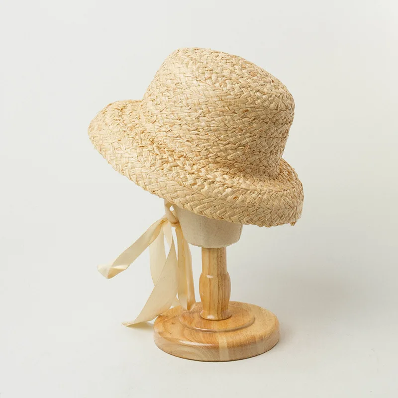2023 Children Hand-knitted Raffia Retro Flat Top Sun Hats Girls and Boys Summer Travel Sunscreen Vacation Straw Hat with Lacing thumbnail 4