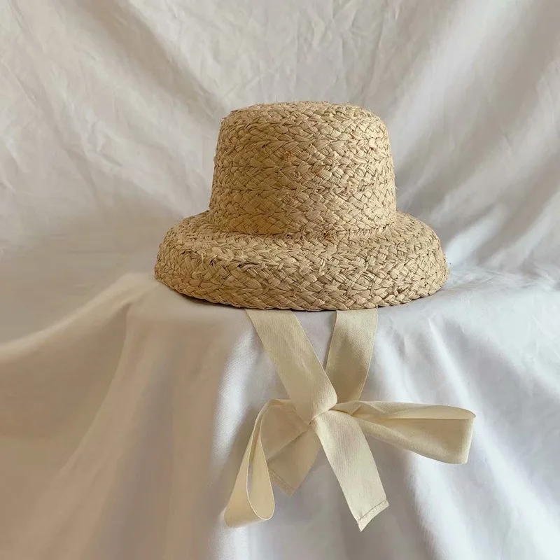 2023 Children Hand-knitted Raffia Retro Flat Top Sun Hats Girls and Boys Summer Travel Sunscreen Vacation Straw Hat with Lacing thumbnail 5