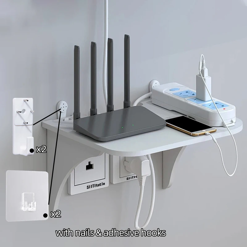 Wall Mount Floating Shelf with Hook Router Camera Power Strip Projector Set Top Box Hanging Storage Holder Home Office Organizer thumbnail 3