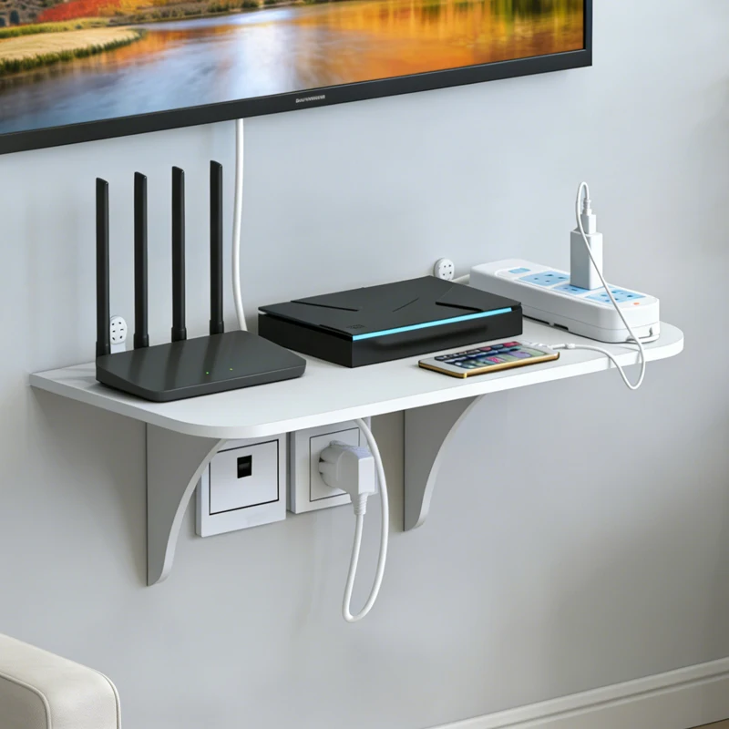 Wall Mount Floating Shelf with Hook Router Camera Power Strip Projector Set Top Box Hanging Storage Holder Home Office Organizer