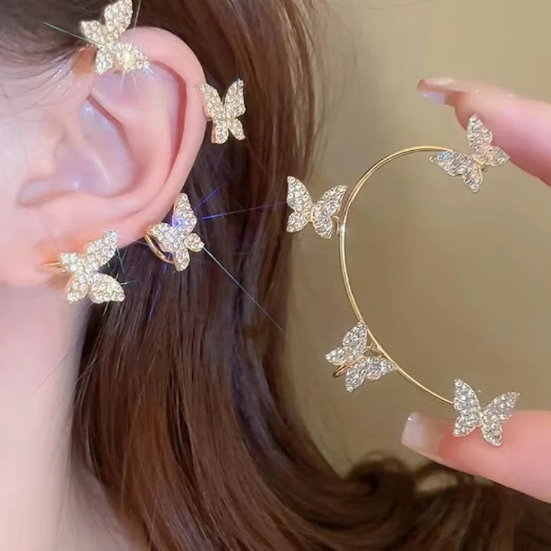 Gold Silver Color Metal Butterfly Ear Clips Without Piercing For Women Sparkling Zircon Ear Cuff Clip Earrings Wedding Jewelry