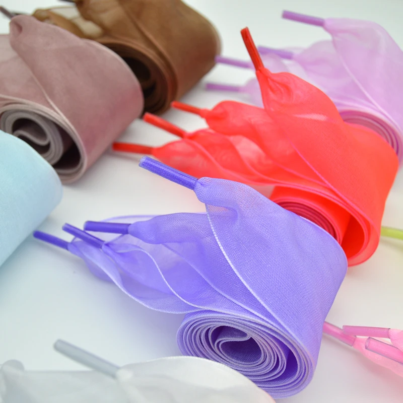 1 Pair 4cm Widen Organza Shoe Strings 60-180cm Women Bow Shoelaces Flat Silk Satin Ribbon Canvas Sneakers Sport Shoes Laces s thumbnail 2