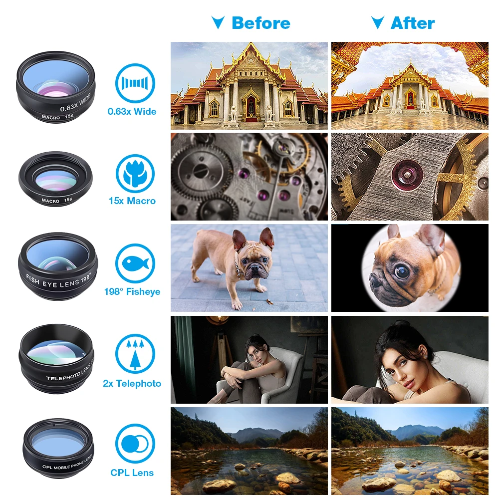 APEXEL Phone lens kit universal 10 in 1 Fisheye Wide Angle macro Lens CPL Filter Kaleidoscope+2X telescope Lens for smartphone thumbnail 4