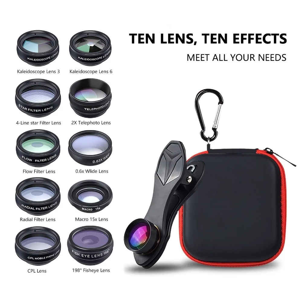 APEXEL Phone lens kit universal 10 in 1 Fisheye Wide Angle macro Lens CPL Filter Kaleidoscope+2X telescope Lens for smartphone thumbnail 2