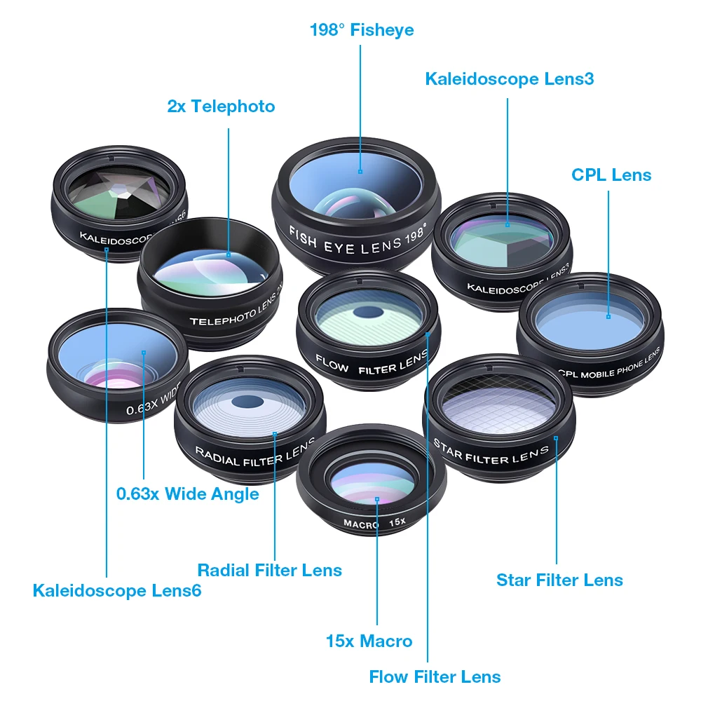APEXEL Phone lens kit universal 10 in 1 Fisheye Wide Angle macro Lens CPL Filter Kaleidoscope+2X telescope Lens for smartphone thumbnail 3
