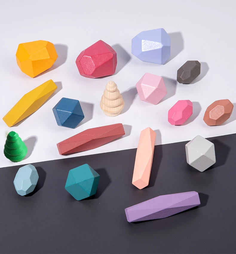 18 Pcs Wooden Stacking Rocks Building Blocks, Colored Solid Wood Stones Pre-School Educational Games Toys for Kids Toddlers thumbnail 4