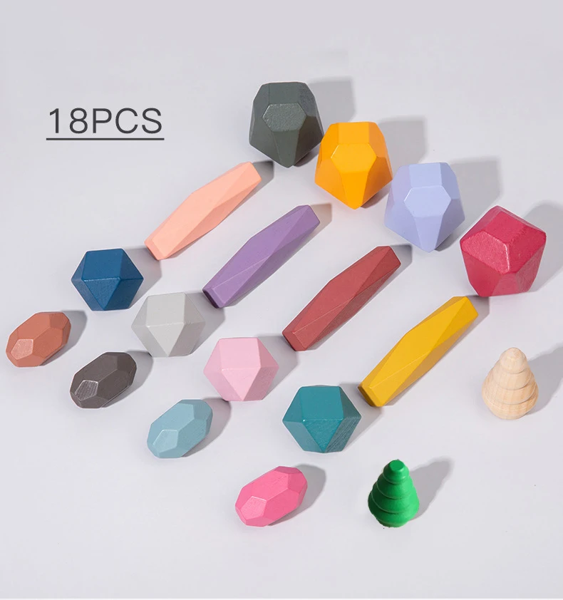 18 Pcs Wooden Stacking Rocks Building Blocks, Colored Solid Wood Stones Pre-School Educational Games Toys for Kids Toddlers thumbnail 3