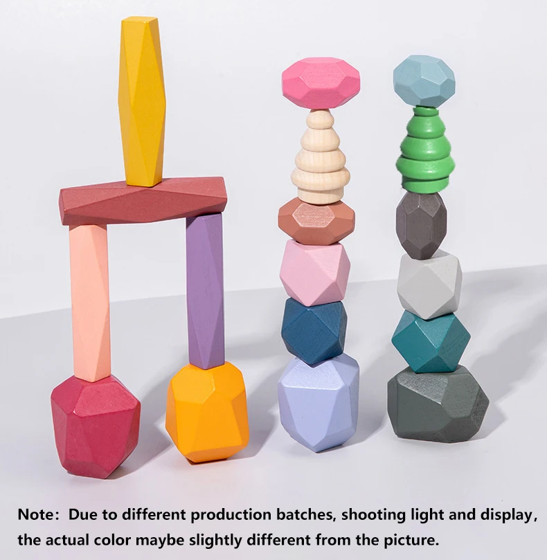 18 Pcs Wooden Stacking Rocks Building Blocks, Colored Solid Wood Stones Pre-School Educational Games Toys for Kids Toddlers thumbnail 2