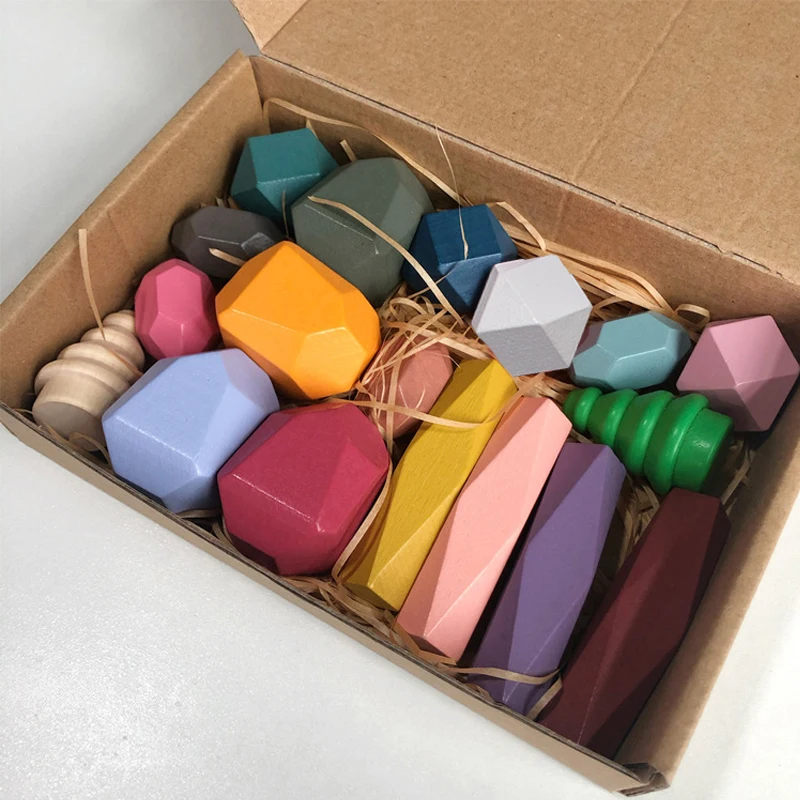 18 Pcs Wooden Stacking Rocks Building Blocks, Colored Solid Wood Stones Pre-School Educational Games Toys for Kids Toddlers thumbnail 6