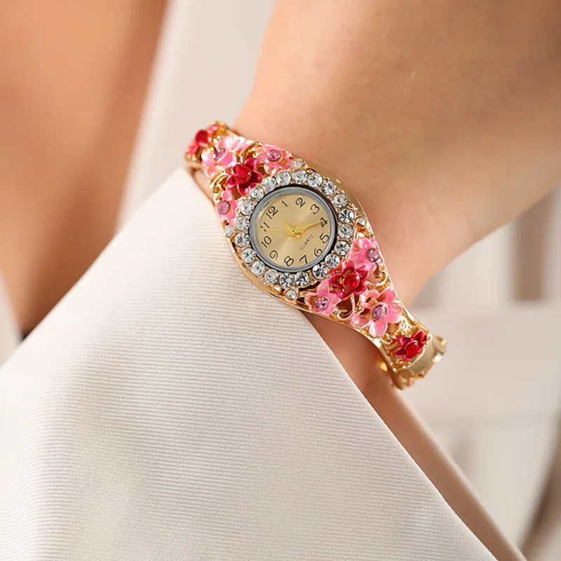 Women's Watches Stainless Steel Rhinestone Quartz Watch Women Fashion Flower Vintage Bangle Elegant Wristwatch zegarek damski thumbnail 6