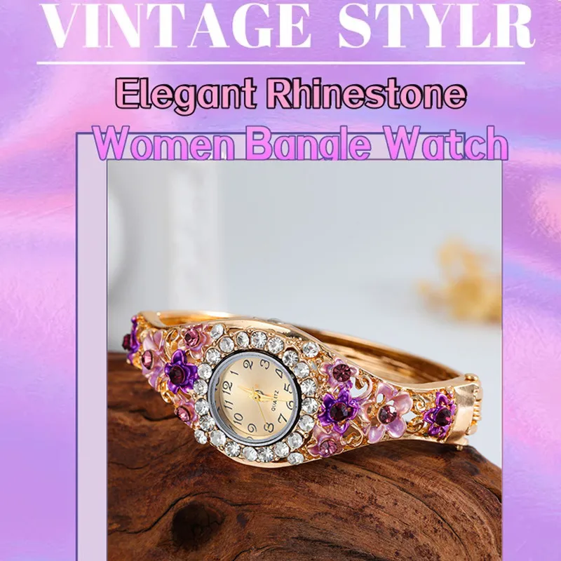 Women's Watches Stainless Steel Rhinestone Quartz Watch Women Fashion Flower Vintage Bangle Elegant Wristwatch zegarek damski thumbnail 2
