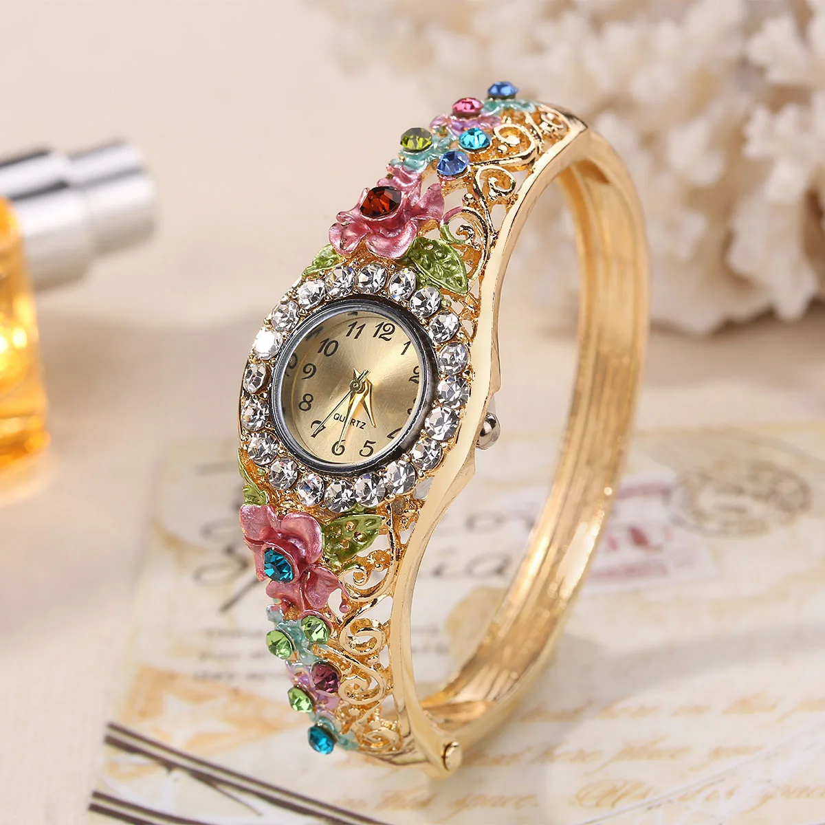 Women's Watches Stainless Steel Rhinestone Quartz Watch Women Fashion Flower Vintage Bangle Elegant Wristwatch zegarek damski thumbnail 5
