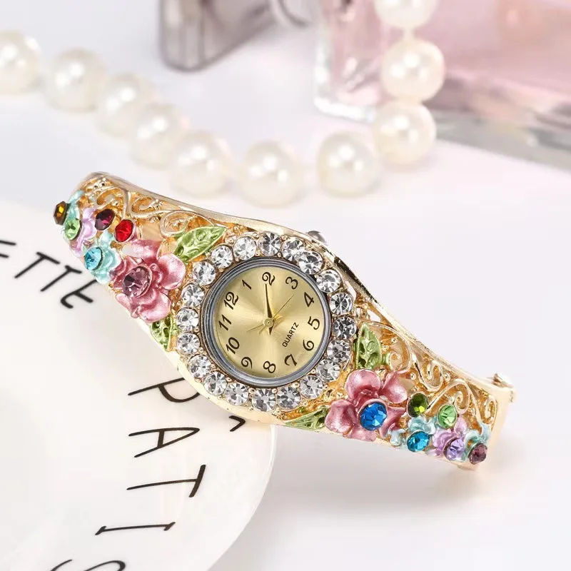Women's Watches Stainless Steel Rhinestone Quartz Watch Women Fashion Flower Vintage Bangle Elegant Wristwatch zegarek damski thumbnail 4